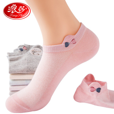浪莎LangSha女士纯棉袜子女夏季薄款浅口韩版学院风潮网眼透气低帮运动休闲船袜6双