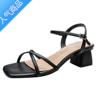 SUNTEK晚晚风粗跟高跟一字带凉鞋女2023年新款夏季法式中跟仙女鞋配裙子