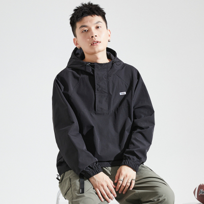 [3件8.5折144.4元,叠加优惠券]唐狮春秋季新款梭织半拉链卫衣连帽男士宽松半开胸黑色外套潮