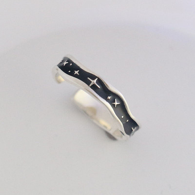 黑色星河S925纯银开口戒不规则滴油星芒戒指指环时尚气质显白戒指送女朋友老婆情人节七夕生日礼物