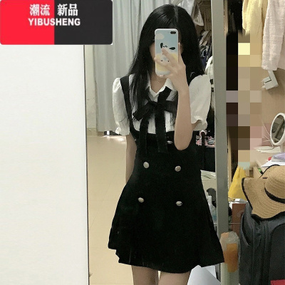 YIBUSHENG法式学院风假两件黑色连衣裙女装裙子季2024新款收腰小个子短裙