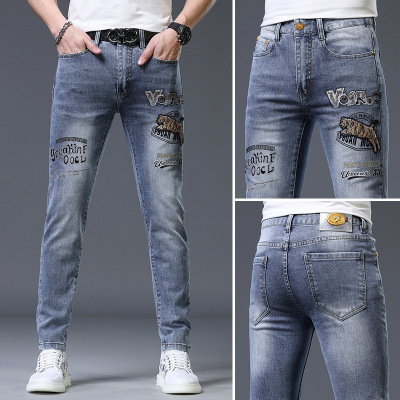 欧货潮牌牛仔裤男士夏季新款高端刺绣弹力修身小脚休闲长裤子
