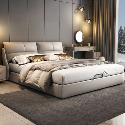 意式轻奢真皮床现代简约双人床主卧室高箱实木储物床家用软包婚床