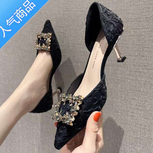 SUNTEK网红高跟鞋女细跟2023夏季新款性感气质时尚单鞋水钻尖头伴娘婚鞋