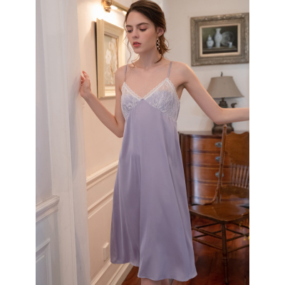 HLCOMAN法式丝绸吊带睡裙女夏小性感气质睡衣女冰丝高贵紫色中长款家居服睡裙