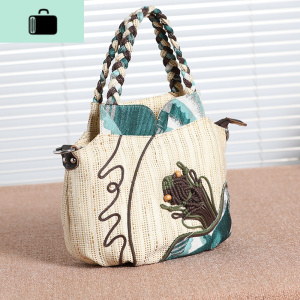 原创民族手提包女包新款女式布手袋小斜挎小包棉麻包女文艺手拎包NEW LAKE 浅绿色女斜挎包 浅绿色