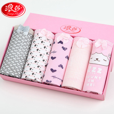 5条浪莎女士内裤纯棉裆中腰棉质面料蕾丝性感少女式棉三角裤