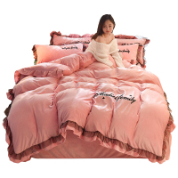 美帮汇冬季加绒床单被套 牛奶绒四件套水晶绒韩式仙女 双面毛绒花边被罩