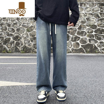 YANXU水洗牛仔裤男2023秋季复古做旧宽松蓝色直筒裤潮牌痞帅长裤青少年