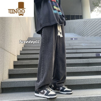 YANXU夏季新款黑灰色松紧腰牛仔裤男直筒宽松阔腿百搭潮流美式高街长裤