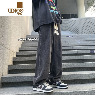 YANXU夏季新款黑灰色松紧腰牛仔裤男直筒宽松阔腿百搭潮流美式高街长裤