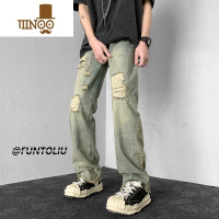 YANXU美式vibe风裤子高街潮牌黄泥染水洗破洞牛仔裤男复古街头阔腿长裤