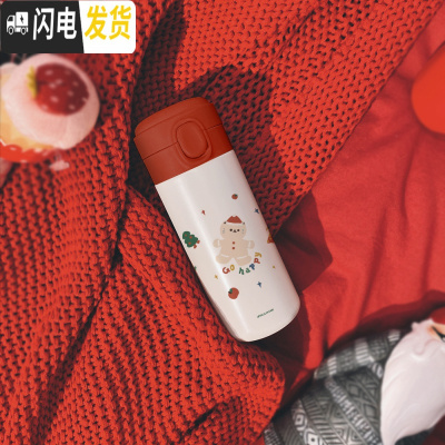 三维工匠原创保温杯316不锈钢女弹跳水轻杯便携学生圣诞新年红 姜饼猫450316不锈钢—