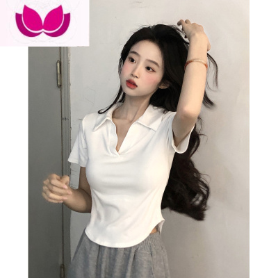 七斓白色不规则polo领短袖正肩t恤女夏季设计感小众纯欲修身短款上衣