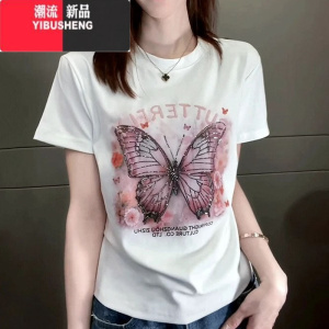 YIBUSHENG重工烫钻短袖t恤女2024新款季时尚印花洋气修身显瘦上衣女