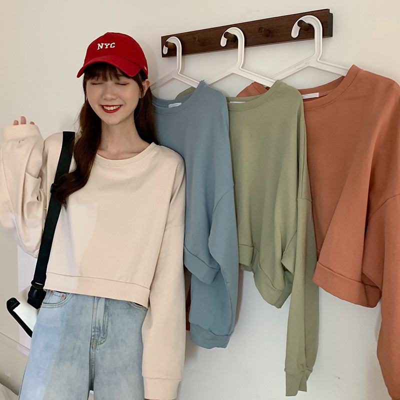6535棉宽松薄款卫衣女秋冬休闲短款圆领纯色长袖T恤女露脐上衣女