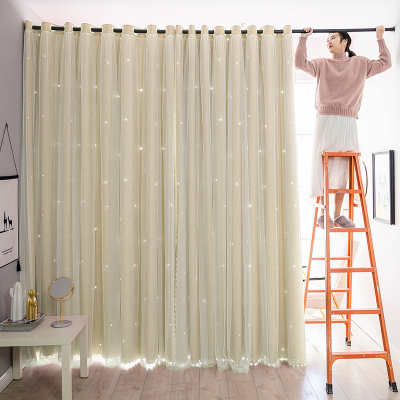 帘隔断免打孔可爱少女伸缩杆CIAA布艺卧室家用布贴纱镂空米色帘宽3.0*2.0米高双开『送弹簧杆长1.6-2.1米』