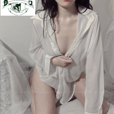 HLCOMAN恋上做你的猫性感睡衣女春秋薄款男友风白衬衫透明调情睡裙纯欲睡裙白色均码