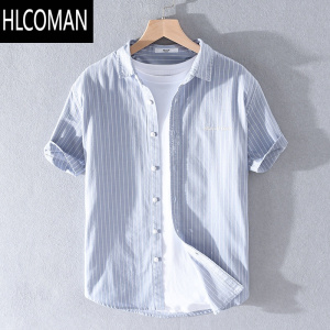 HLCOMAN白色男士短袖衬衫宽松休闲棉衬衣日系冰丝细条纹青年薄外衣潮