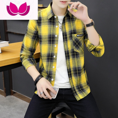 七斓长袖衬衫男韩版潮流青少年格子衬衣帅气休闲男装寸衫衣服外套