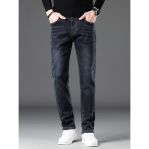 潮男牛仔裤秋冬新款修身直筒裤男士潮流弹力厚款休闲裤