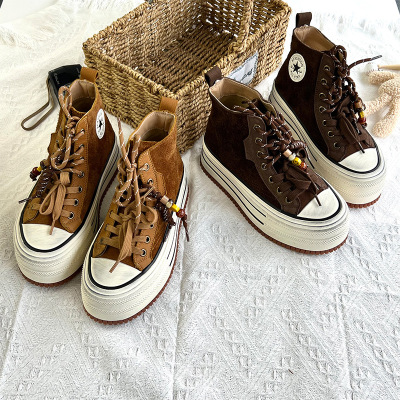 头层牛皮高帮小白鞋女秋季新款百搭鞋女增高板鞋厚底擦色女鞋
