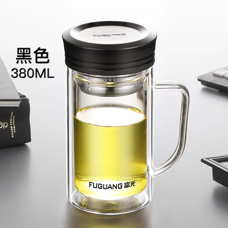 富光(fga)双层玻璃杯带把手柄办公家用喝水杯男大容量带盖过滤泡茶