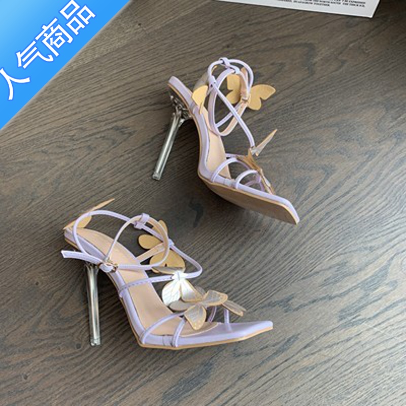 SUNTEK气质感~巨显腿长@2023夏季新款一字带蝴蝶结细跟方头罗马高跟凉鞋
