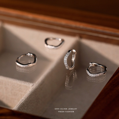 波浪型磨砂素圈耳环女s999纯银简约百搭微镶耳扣轻奢足银耳圈代发送女朋友老婆情人节七夕生日礼物