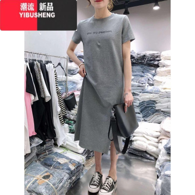 YIBUSHENG过膝长裙季短袖T恤女中长款2024新款连衣裙宽松设计感小众显瘦