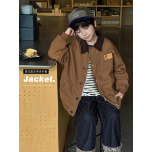 童酷男童秋款织里童装复古翻领中小童上衣时尚贴标儿童外套潮