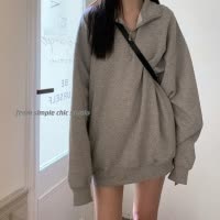 美式小众polo领卫衣女秋冬宽松套头上衣女正肩长袖中长款外套女装