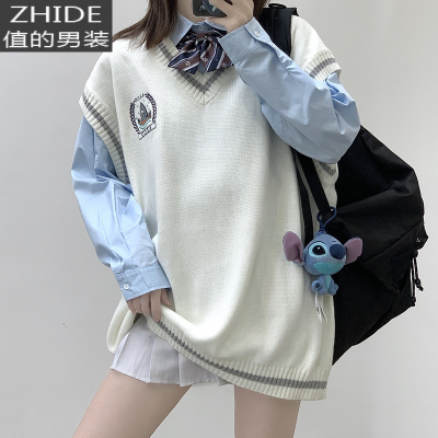 SUNTEKdk制服白色针织衫男情侣装秋装jk毛衣学院风森系坎肩背心马甲叠穿马甲/背心