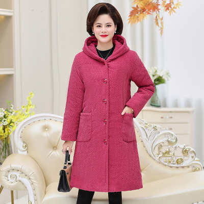 fish basket新款妈妈冬装棉衣中老年女装时尚棉麻连帽棉服婆婆洋气加