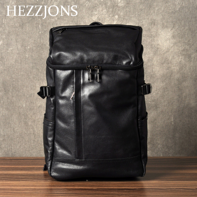 赫泽琼斯HEZZJONS真皮男士登山包进口意大利牛皮旅行包青年时尚潮流简约大容量双肩包男神奢侈品行李包黑色进口意大利牛皮
