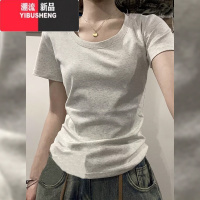 YIBUSHENG美式短袖正肩t恤女季2024新款显瘦修身辣妹短款上衣设计感小众