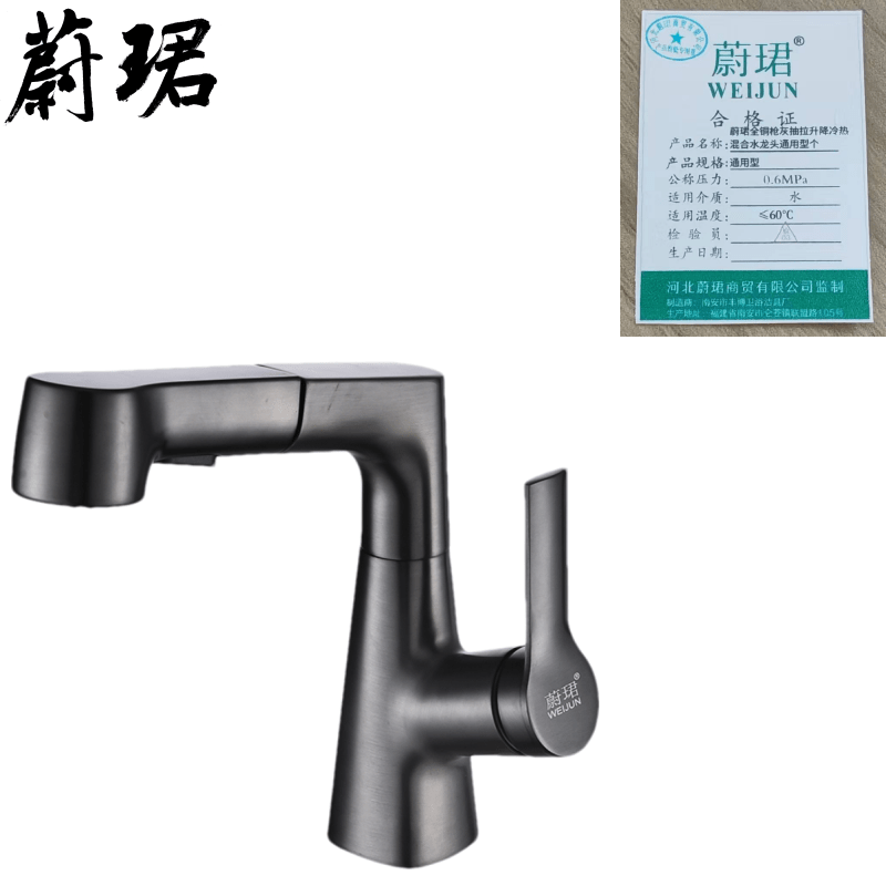 蔚珺全铜枪灰抽拉升降冷热混合水龙头通用型个