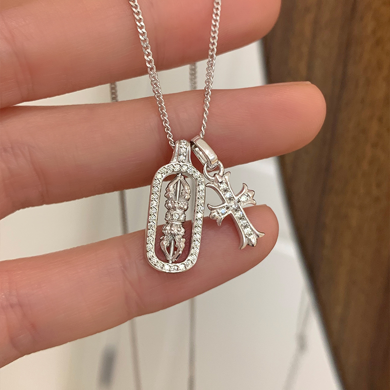 纯银可旋转金刚杵十字架项链女生小众设计高级锁骨链吊坠银饰