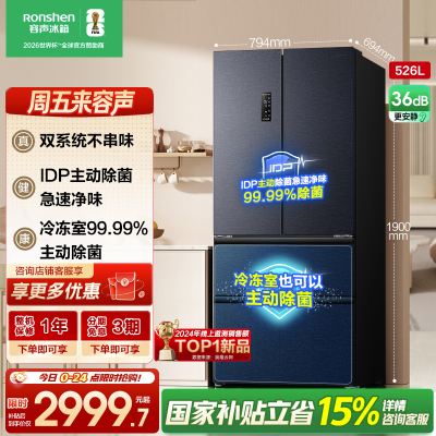 容声526升双净双系统法式多门四开门电冰箱家用一级能效风冷无霜节能大容量国家补贴BCD-526WD1MPA灰