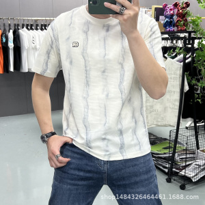 夏季新款t半袖扎染条纹短袖T恤休闲潮流简约时尚男士体恤上衣