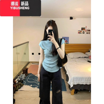YIBUSHENG季圆领收腰辣妹蓝色背心t恤女修身显瘦轻薄温柔风纯欲短袖上衣