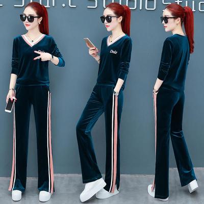 情娇婷(QINGJIAOTING)时尚v领阔腿裤运动套装女2021春秋季宽松大码新款金丝绒休闲两件套运动服