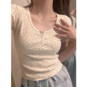 u领碎花短袖短款上衣女夏季年新款修身设计感百搭修身显瘦T恤