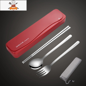 筷子勺子套装餐具盒便携学生单人装三件套不锈钢叉子外带收纳盒 红盒-本钢色筷勺叉 敬平