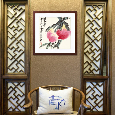 舒厅新中式餐厅水果装饰画齐白石饭厅歺厅卧室玄关壁画国画水墨画客厅沙发背景墙挂画现代简约有框画双寿图40*40cm