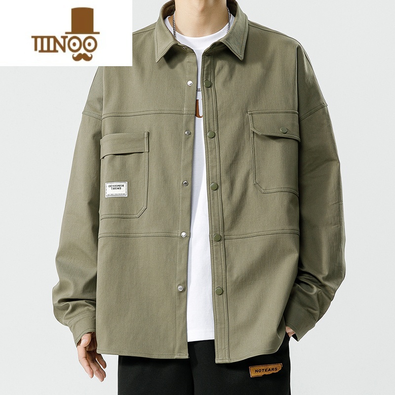 YANXU工装衬衫男长袖宽松翻领外套2023新款日系潮牌复古休闲衬衣