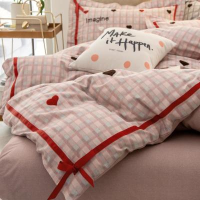 美帮汇公主风爱心格子长绒棉磨毛四件套双面绒加厚全棉全棉被套床上用品