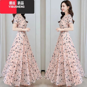YIBUSHENG短袖印花连衣裙女季2022新款中长款遮肚子修身显瘦小清新连衣裙