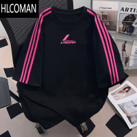 HLCOMANins潮牌三条杠短袖上衣夏季男女款美式街头字母印花t恤衫