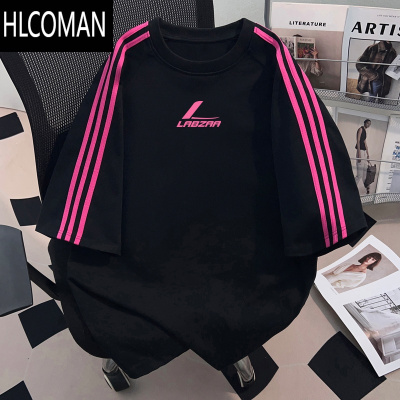 HLCOMANins潮牌三条杠短袖上衣夏季男女款美式街头字母印花t恤衫